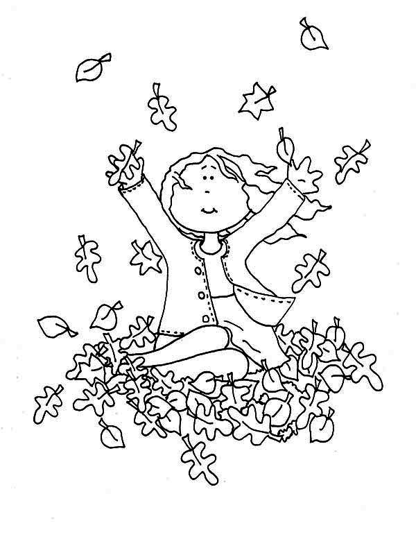 A Girl Catching Fall Leaf Coloring Page