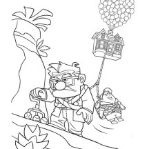 Carl Fredricksen Long Faced while Dragging Russel and the House in Disney Up Coloring Page