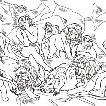 Daniel in the Middle of Lions Crowded in Daniel and the Lions Den Coloring Page