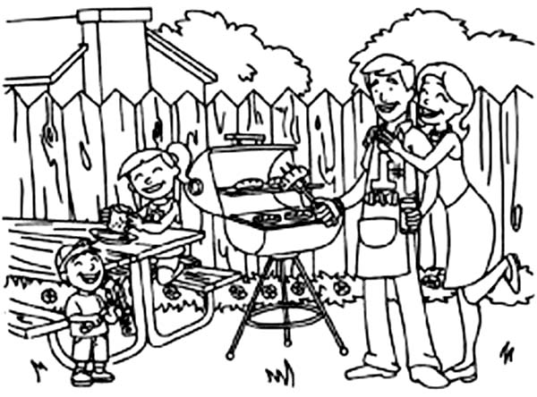 Family Barbeque Backyard Picnic Coloring Page