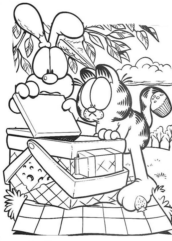 Garfield and Oddie Open Picnic Basket Coloring Page