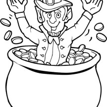 Happy Leprechaun Cheering St Patricks Day on Pot of Gold Coloring Page