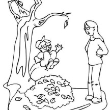 Kid Jumping to Pile of Fall Leaf Coloring Page