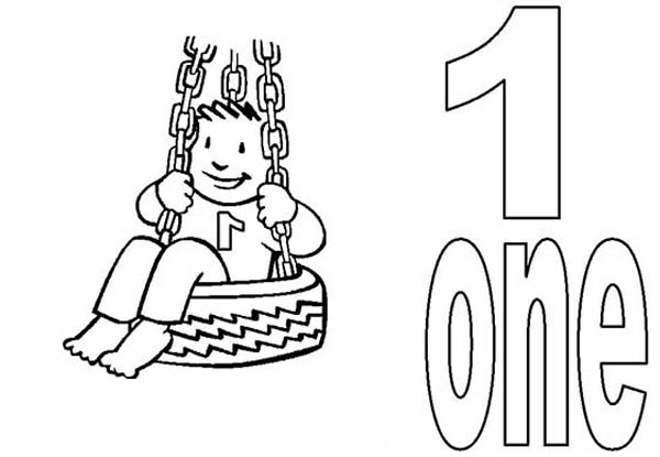 Kid Playing Swing and Number One Coloring Page