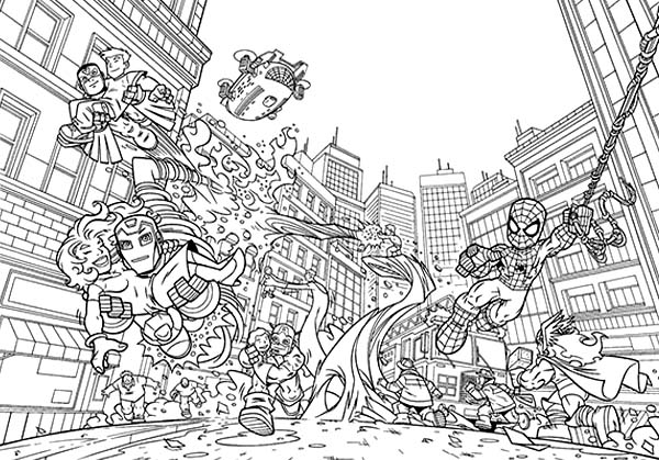 Marvel's Super Heroes Saving Each Other in Super Hero Squad Coloring Page