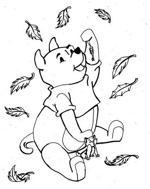 Pooh and Cat Enjoying Fall Leaf Coloring Page