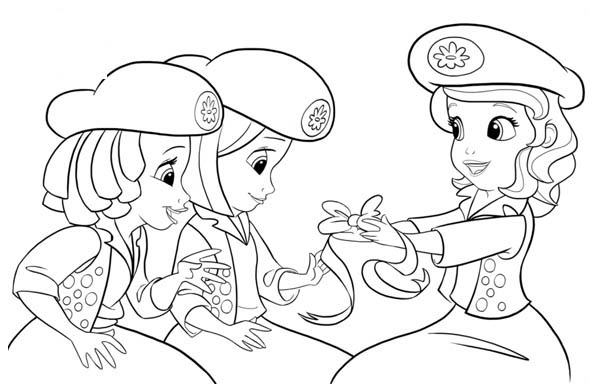 Princess Sofia Give Ribbon to Her Friends in Sofia the First Coloring Page