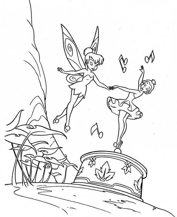 Tinkerbell Dancing with Music Box Coloring Page