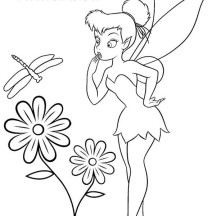 Tinkerbell and Flower and Dragonfly Coloring Page
