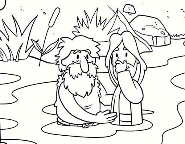 Cartoon of Jesus Baptism with John the Baptist Coloring Page