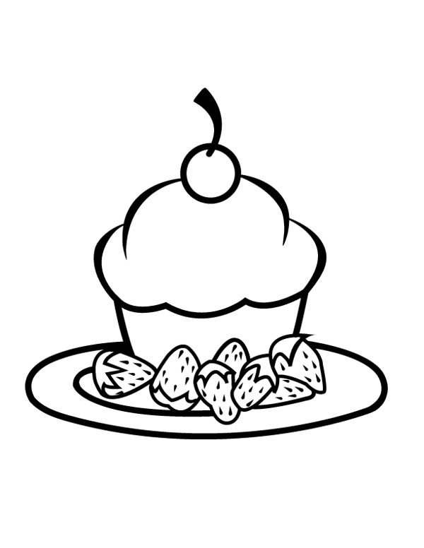 Cupcake with Strawberry on Plate Coloring Page