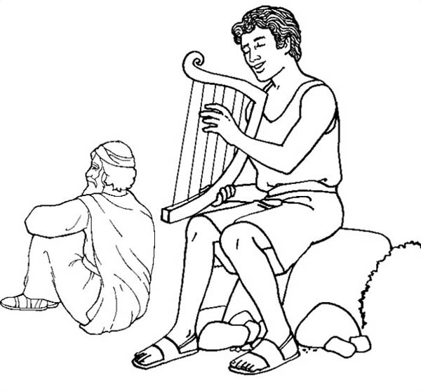 David Play Harp in the Story of King Saul Coloring Page