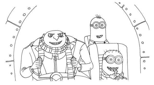 Gru and Minions on the Plane in Despicable Me Coloring Page