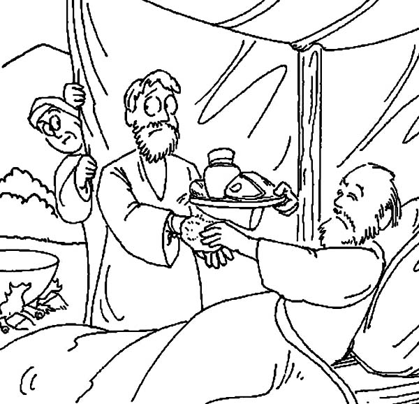 Jacob Bring food to Isaac in in Jacob and Esau Coloring Page