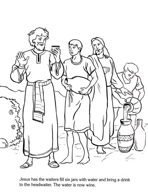 Jesus Turn Six Jars of Water into Wine in Miracles of Jesus Coloring Page