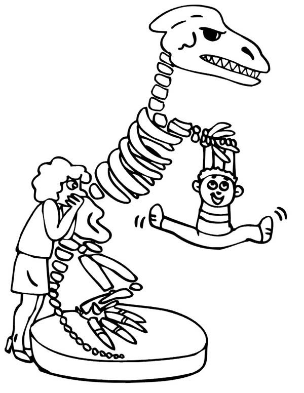 Kid Hang Out at Dinosaur Skeleton Coloring Page