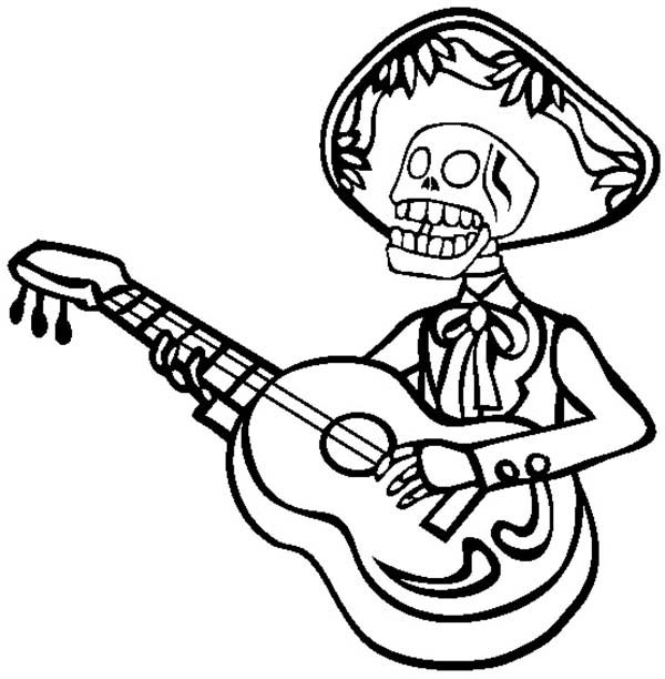 Mariachi Skeleton Playing Guitar Coloring Page