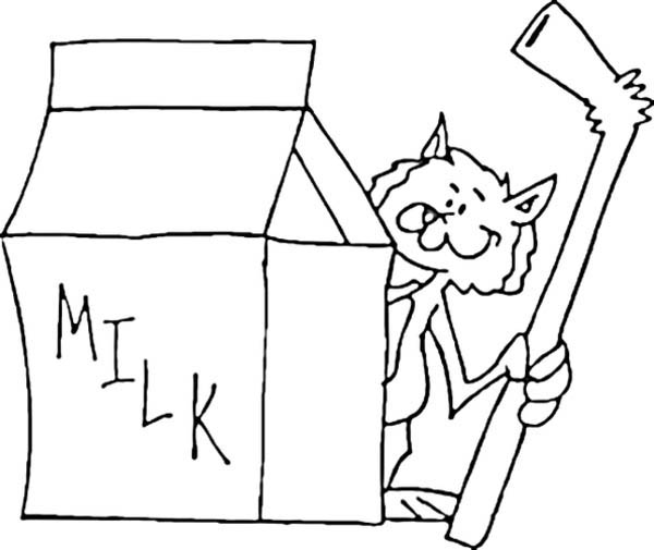Milk Carton and a Cat with Straw Coloring Page