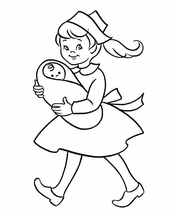 Nurse Girl Taking Care of a Baby Coloring Page