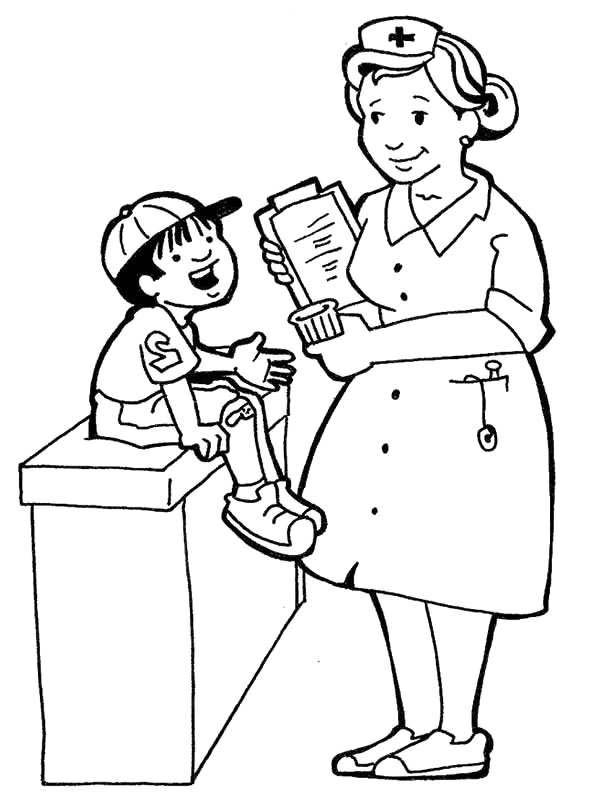 Nurse Talking with Sick Kid in Community Helpers Coloring Page