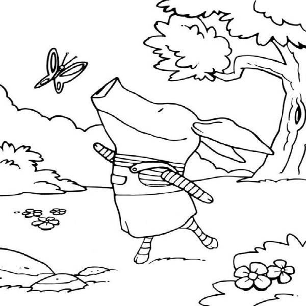 Olivia the Pig Talking to a Butterfly Coloring Page