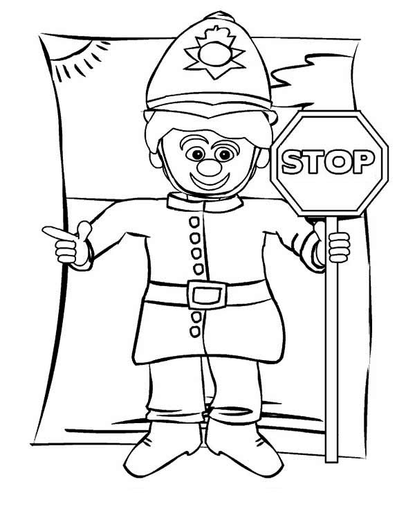 Police Officer with Stop Sign Coloring Page