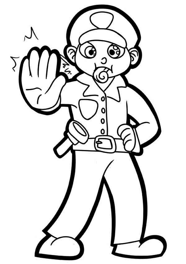 Police Officer with Whistle Coloring Page