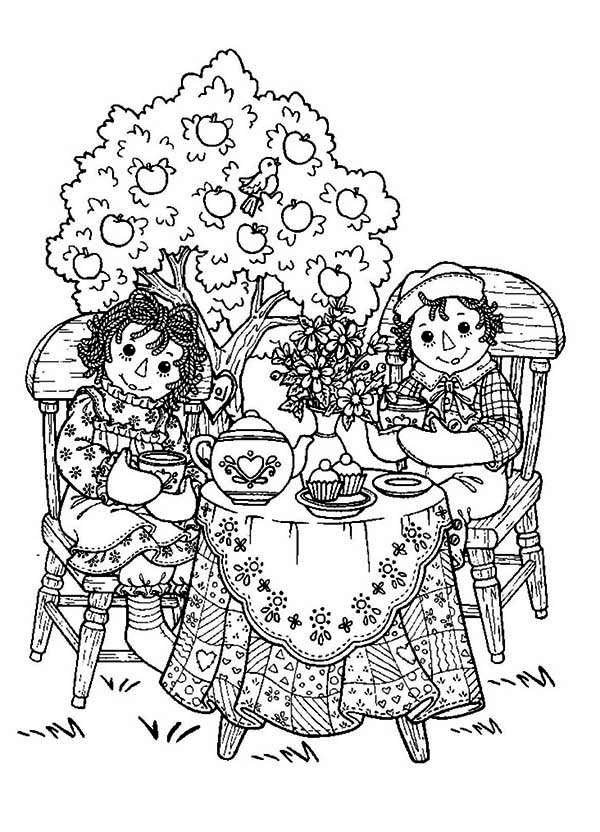 Raggedy Ann and Andy Tea Party Coloring Page