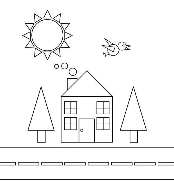 Shapes of House and Bird with Trees and the Sun Coloring Page - NetArt