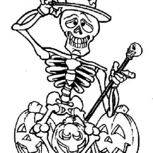 Skeleton and Three Halloween Pumpkin Coloring Page