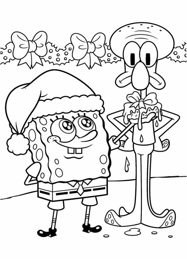 Spongebob and Squidward on Christmas Coloring Page