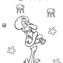 Squidward Blowing Clarinet with Jellyfish Coloring Page
