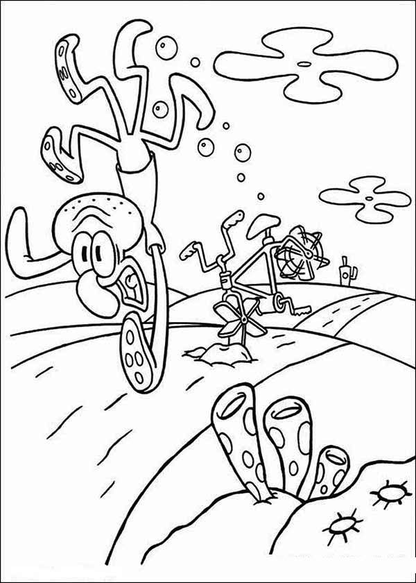 Squidward Falling from Bicycle Coloring Page
