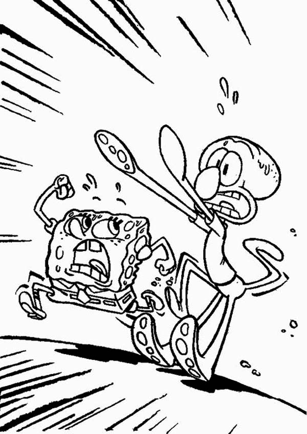 Squidward Racing with Spongebob Coloring Page