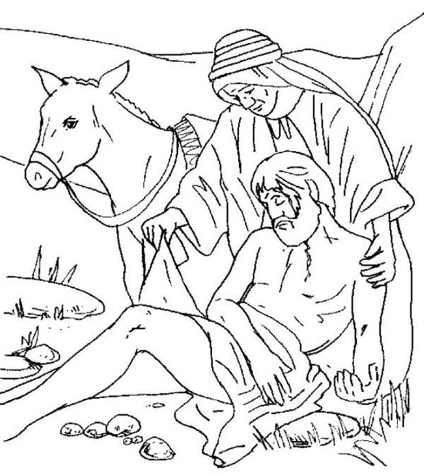 Traveller Being Helped by Good Samaritan Coloring Page