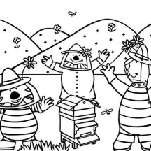 Winnie the Pooh and Friends in Front of Beehive Coloring Page
