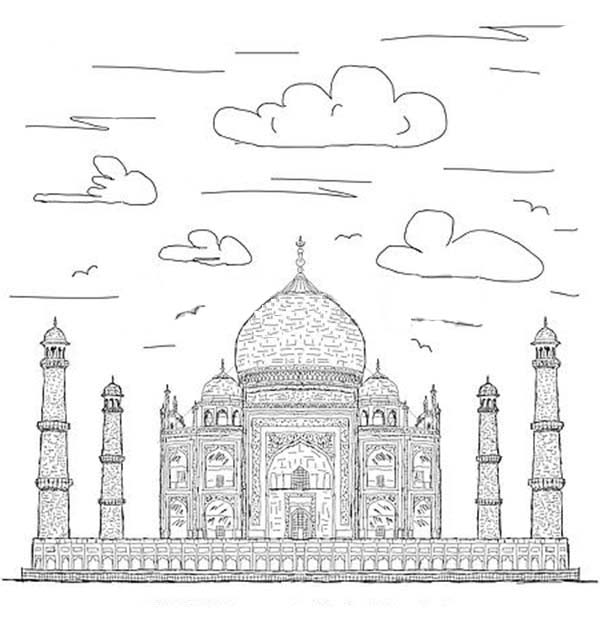 Taj Mahal at Cloudy Day Coloring Page