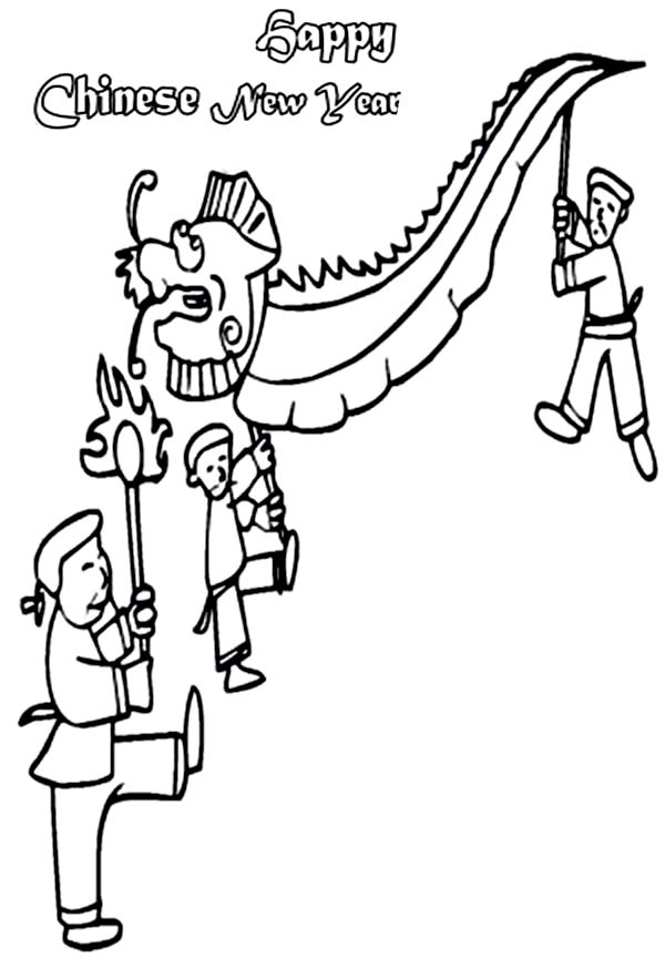 A Group of People Showing Their Lion Dance on Chinese New Year in Chinese Symbols Coloring Page