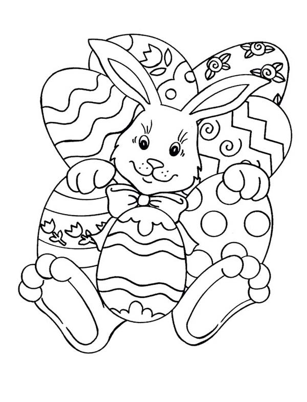 A Rabbit and a Lot of Easter Eggs Coloring Page