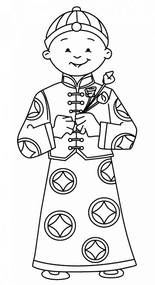 A Young Boy Holding Flowers Say Happy Chinese New Year in Chinese Symbols Coloring Page