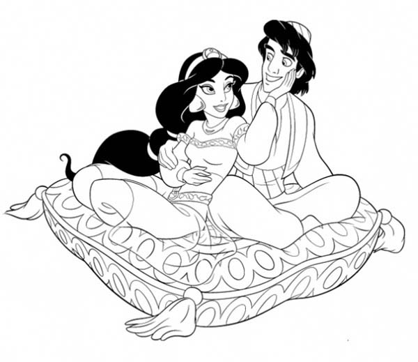 Aladdin and Princess Jasmine Sitting on a Pillow Coloring Page