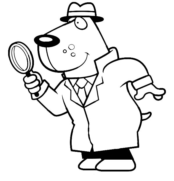 Cartoon of a Dog Detective Using a Magnifying Glass Coloring Page