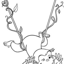 Curious George Hanging on Floating Tree Root Coloring Page