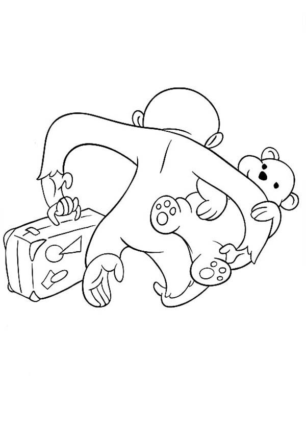 Curious George is Leaving with Teddy Bear Coloring Page