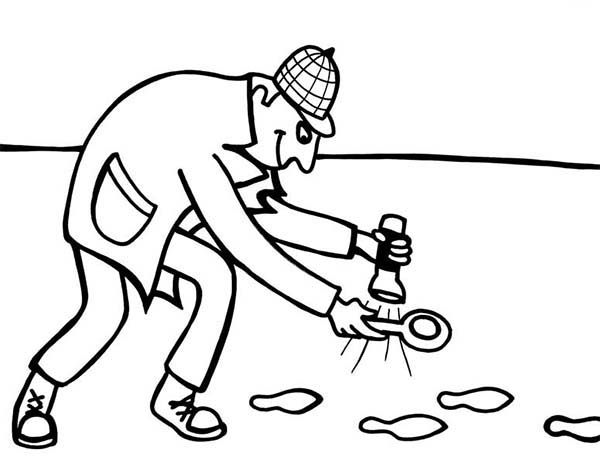 Detective Using Flash Light Following Foot Print Coloring Page