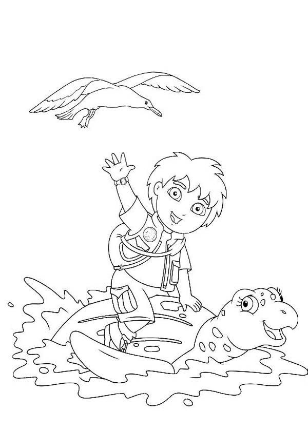 Diego Sitting on Turtles Back in Go Diego Go Coloring Page
