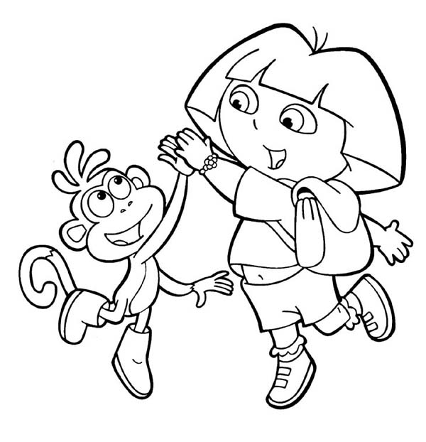 Dora and Boots High Five in Dora the Explorer Coloring Page