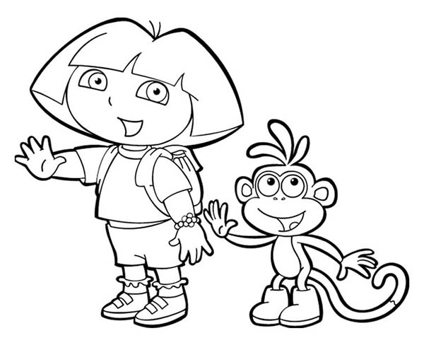 Dora and Boots Waving Hand in Dora the Explorer Coloring Page