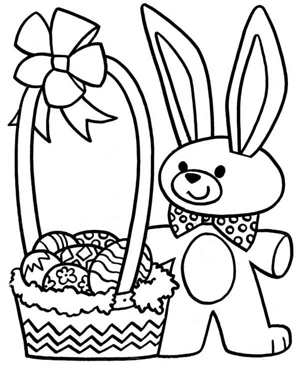 Easter Bunny and a Bucket of Easter Eggs Coloring Page