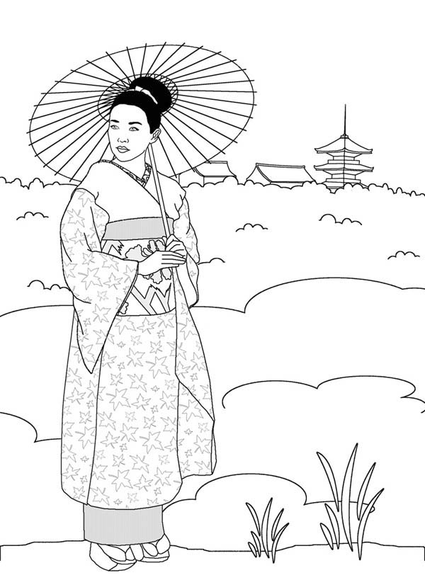 Geisha in Japan Land Coloring Page